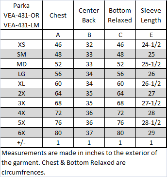 VEA-431 specification chart
