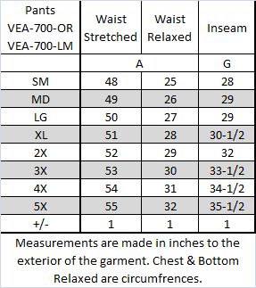 VEA-700 specification chart